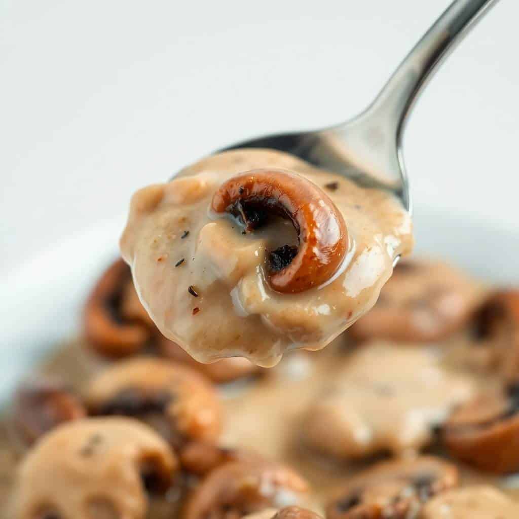 Creamy mushroom on spoon with reddish-brown mushroom centers and pale sauce, bowl blurred behind.