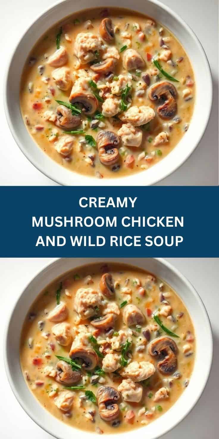 Two bowls of creamy mushroom chicken and wild rice soup garnished with green onions and black pepper.
