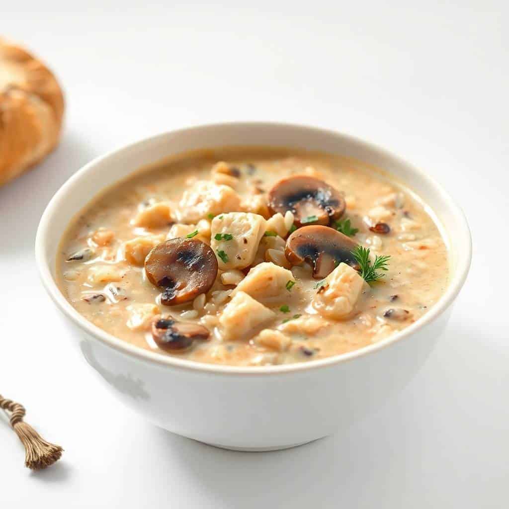 Creamy mushroom chicken and wild rice soup in white bowl, garnished with parsley and cracked pepper.