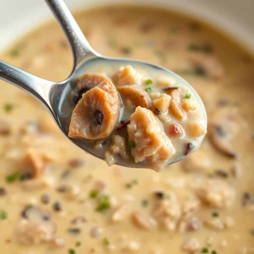 Spoonful of creamy mushroom chicken wild rice soup with tender chicken and green garnish.