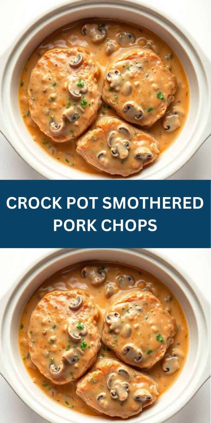 Crock pot smothered pork chops with mushrooms in creamy sauce, garnished with parsley.