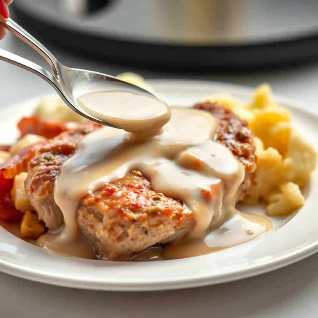 Creamy sauce being drizzled over seared pork chops with potatoes and vegetables on white plate.