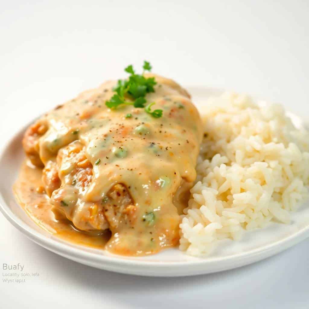 Crockpot angel chicken with creamy sauce, garnished with parsley, served alongside white rice on a white plate.