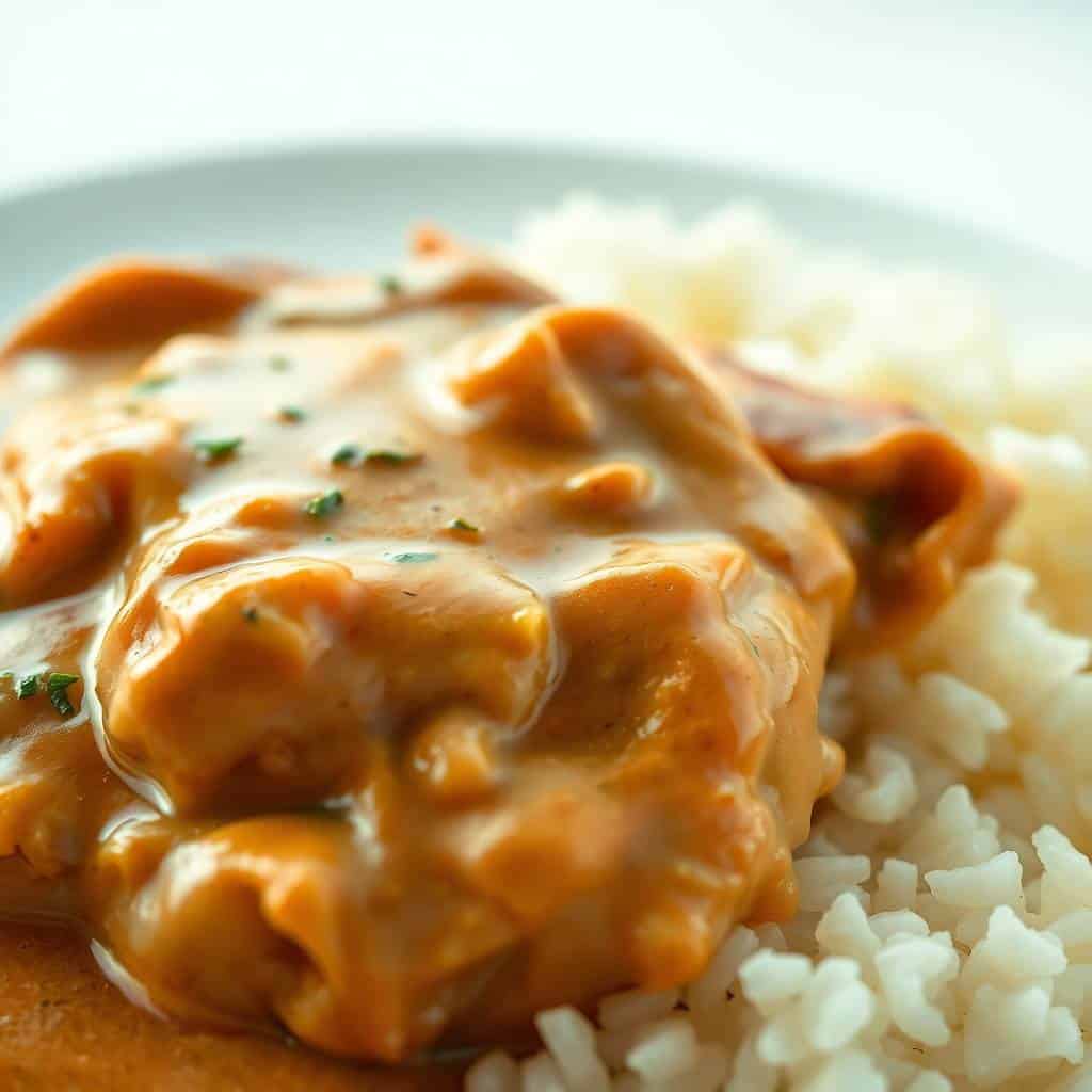 Crockpot angel chicken in creamy sauce garnished with herbs, served over white rice on blue plate.