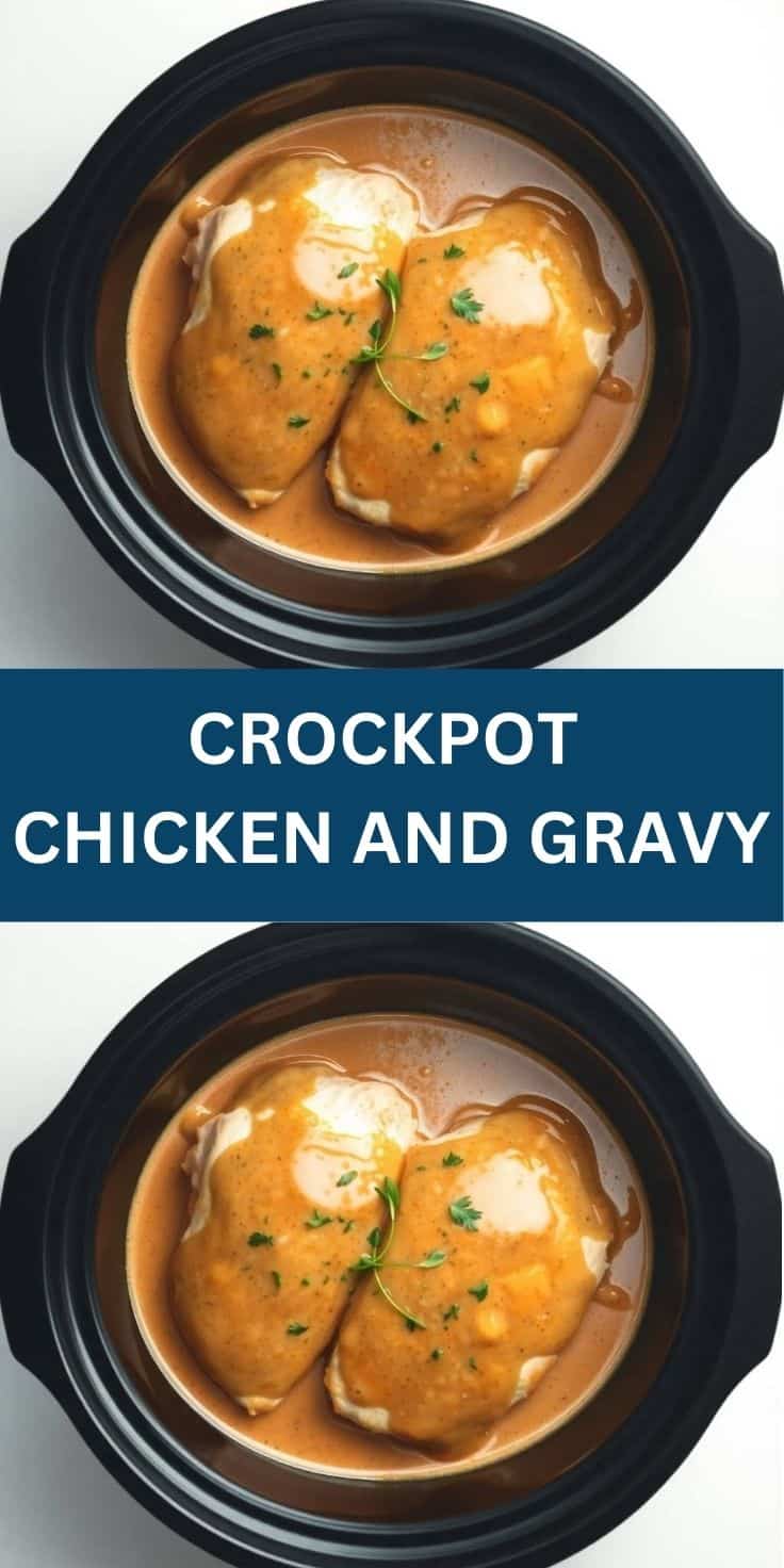 Two chicken breasts in rich brown gravy garnished with parsley in a black crockpot.