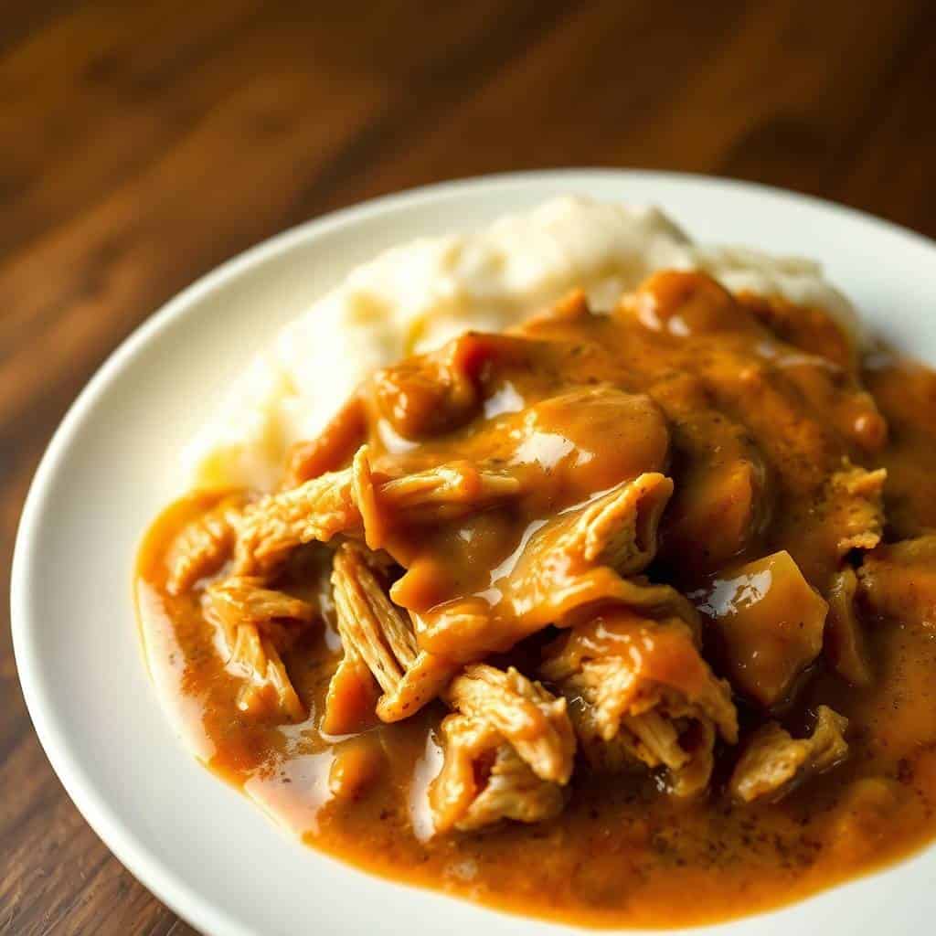 Shredded chicken in rich brown gravy served on white plate with mashed potatoes.