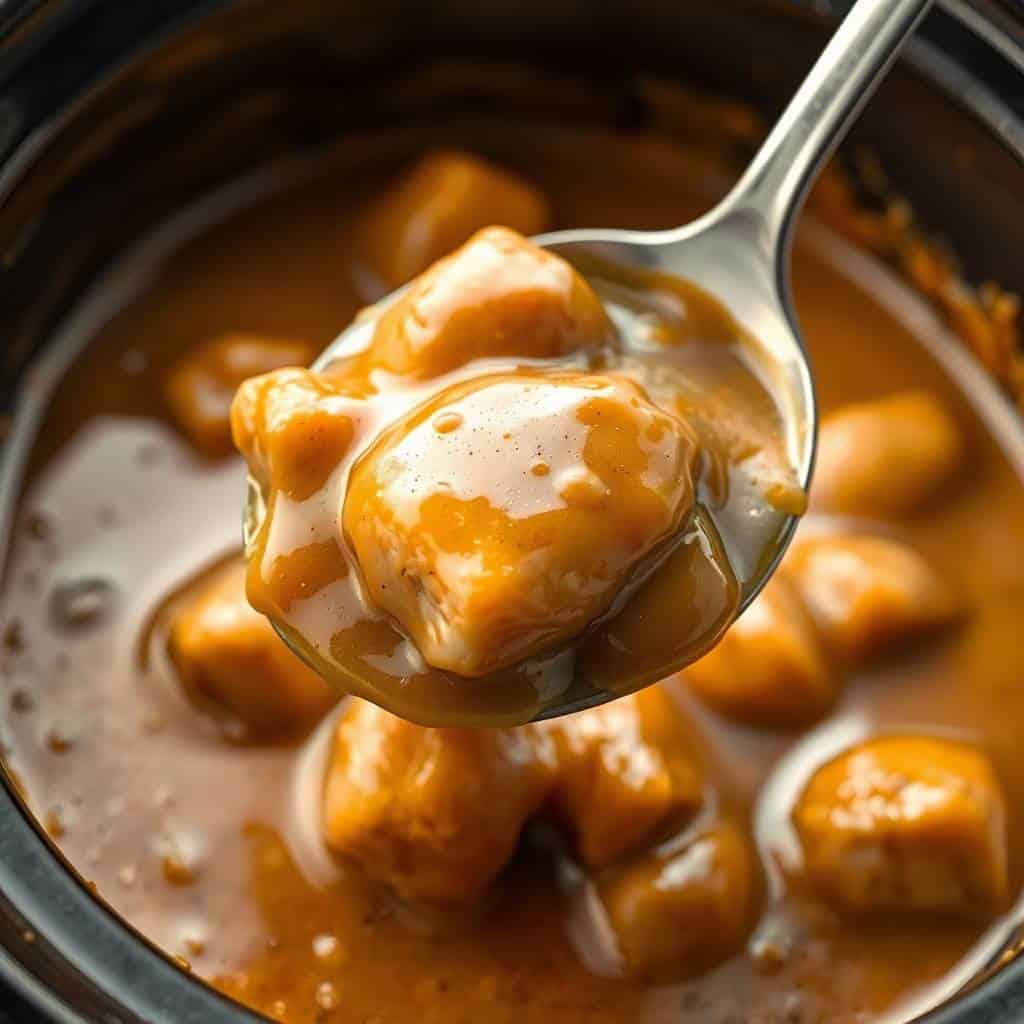 Crockpot chicken and gravy with tender meatballs in rich brown sauce, served with spoon.