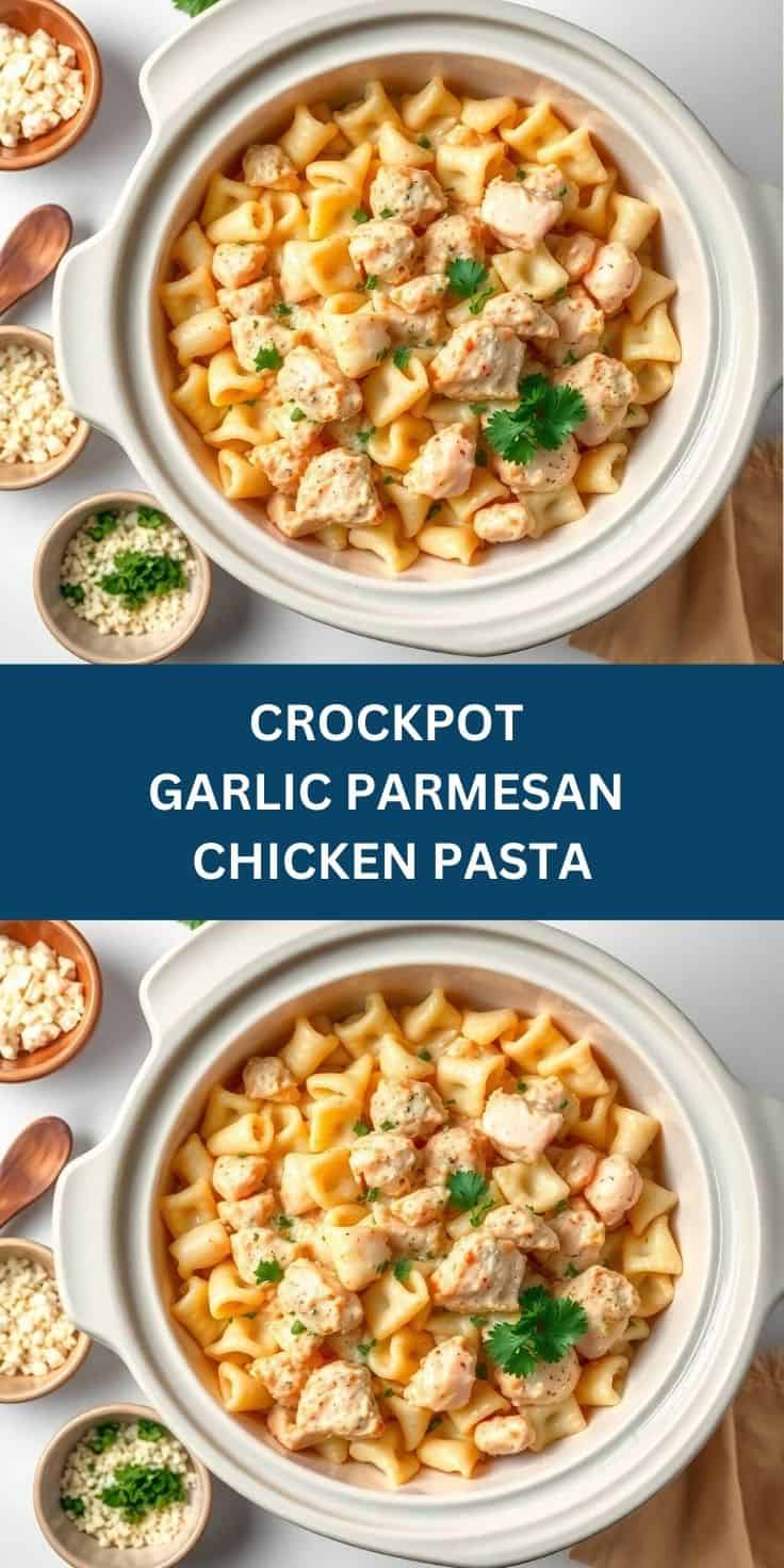 Crockpot garlic parmesan chicken pasta with bow-tie noodles, meatballs, and fresh parsley garnish in white slow cooker.