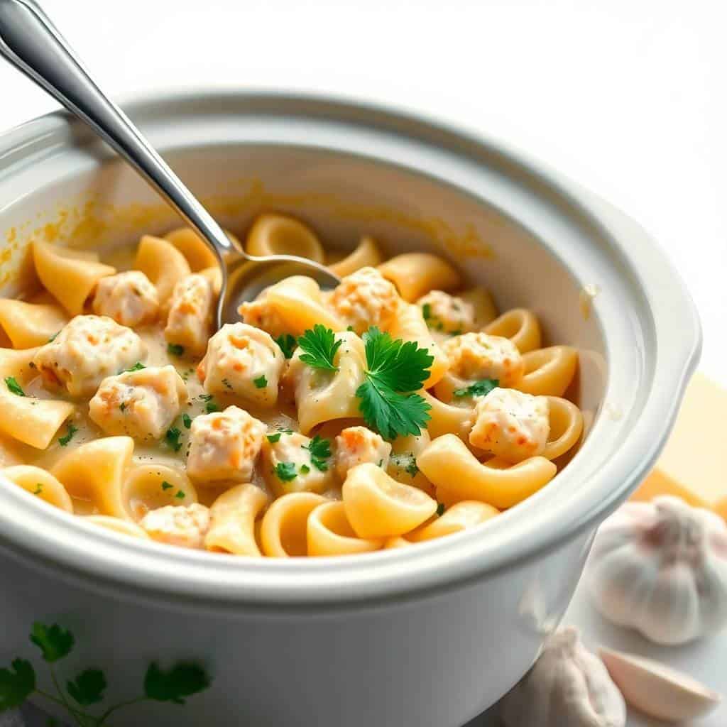 Crockpot garlic parmesan chicken pasta in white bowl, garnished with fresh parsley and black pepper.