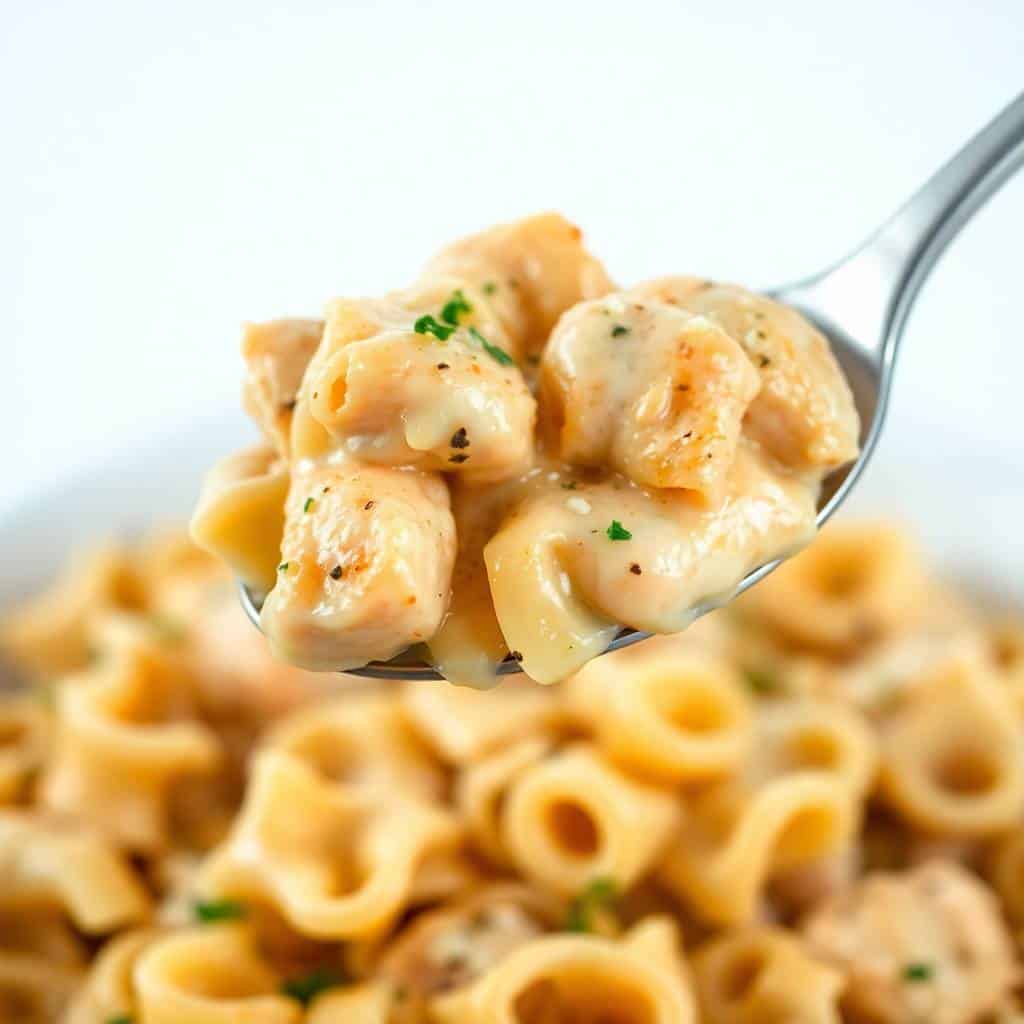 Crockpot garlic parmesan chicken pasta with tender chicken pieces and creamy sauce garnished with fresh parsley.