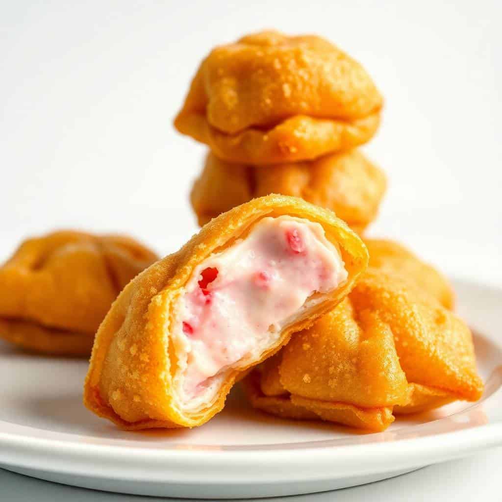 Deep-fried strawberry cheesecake wonton bites with crispy golden exterior and creamy pink filling on white plate.