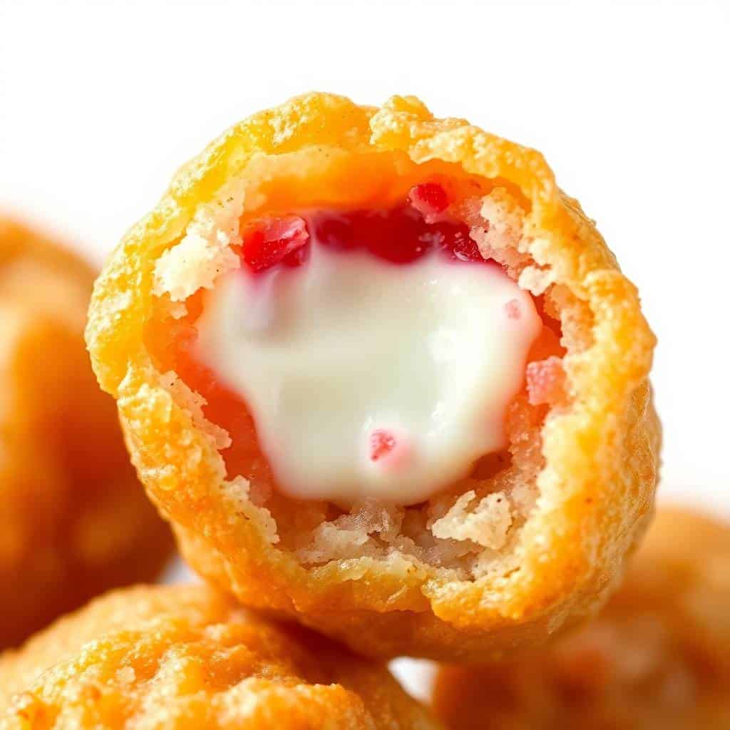Deep-fried strawberry cheesecake wonton bite showing golden crispy exterior with creamy white filling and red fruit pieces.