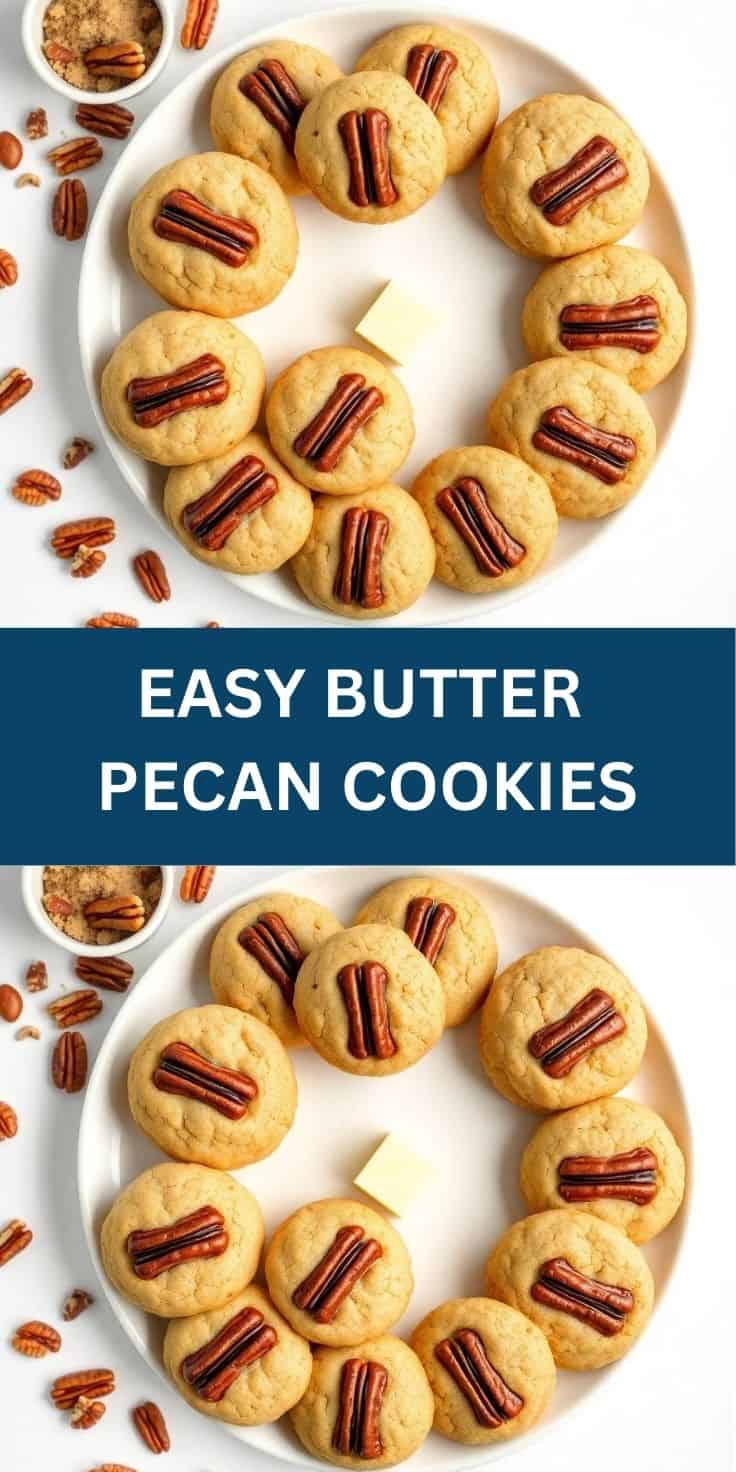 Butter pecan cookies with pecan halves on white plate, scattered pecans and cinnamon sugar on white surface.