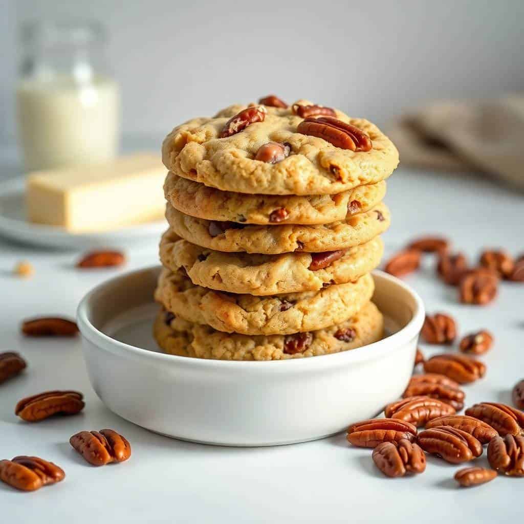 Stacked butter pecan cookies in white bowl with pecans scattered on marble surface and milk.