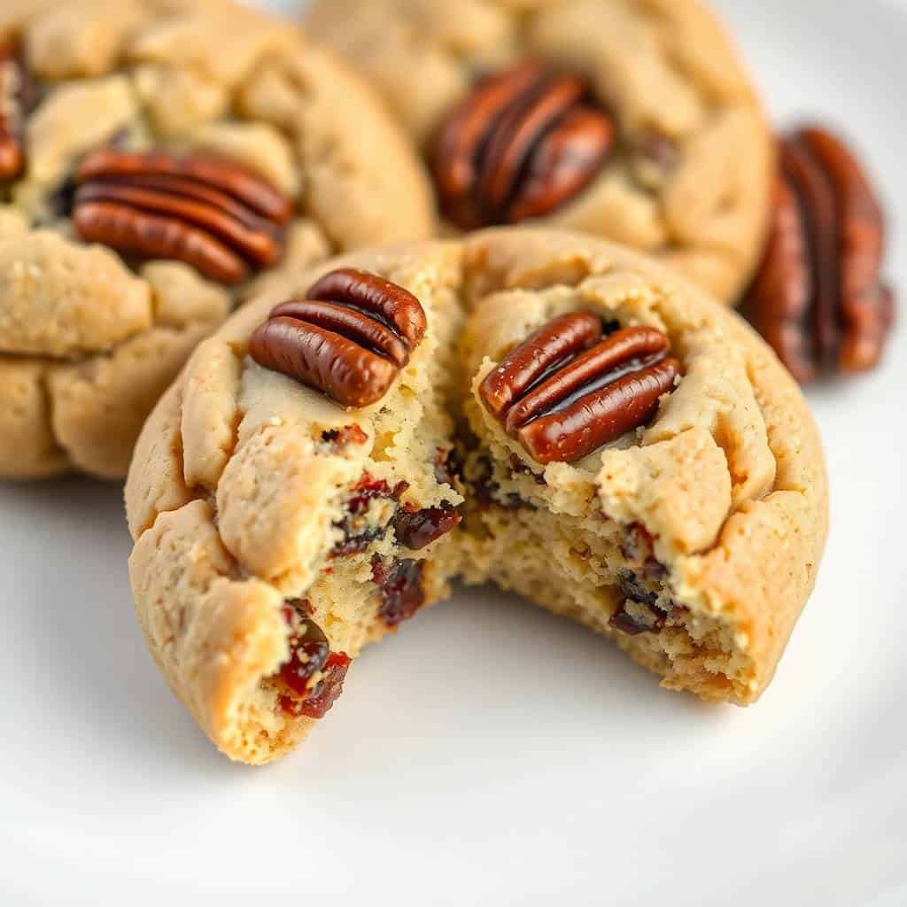 Butter pecan cookies broken in half, revealing red filling and studded with toasted pecan halves on top.