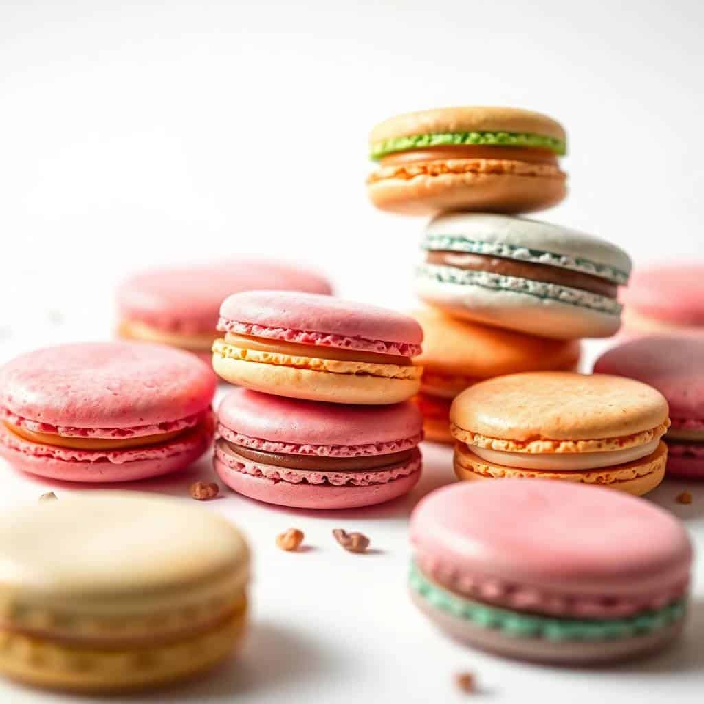 Colorful French macarons in pink, red, orange, and gray arranged on white surface with crumbs scattered.