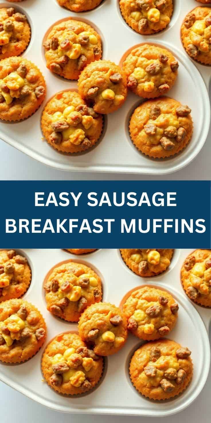 Golden sausage breakfast muffins with corn and meat pieces in white muffin tin.