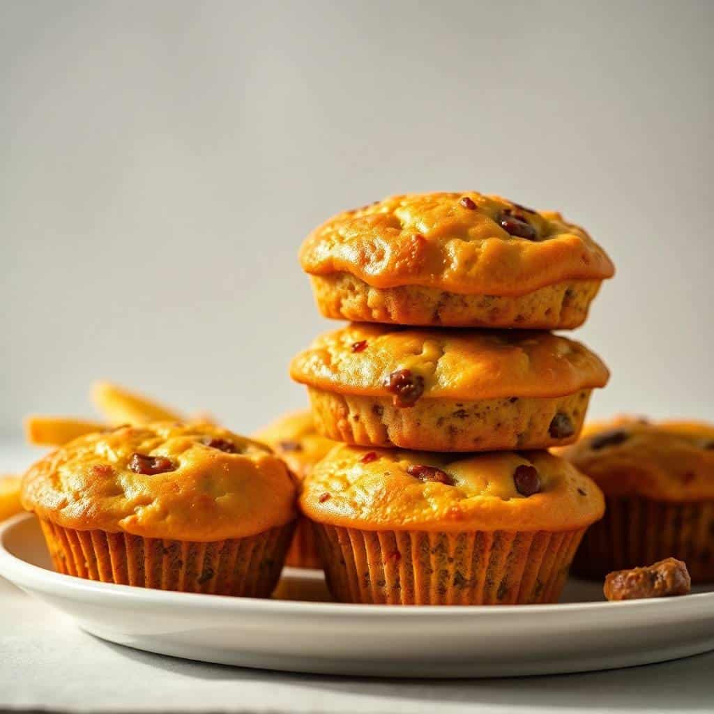 Golden sausage breakfast muffins with chocolate chips stacked and arranged on a white plate.