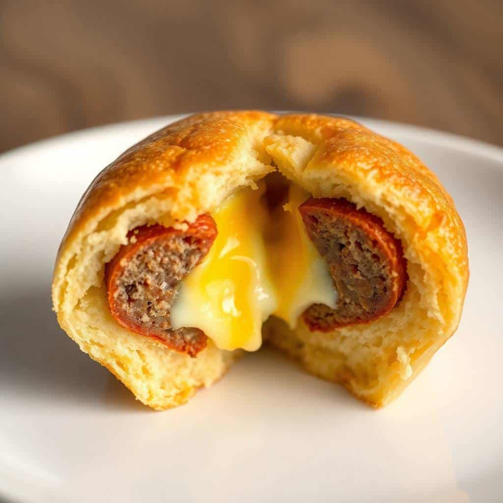 Golden-brown sausage breakfast muffin split open, revealing melted cheese and cooked sausage patty on white plate.