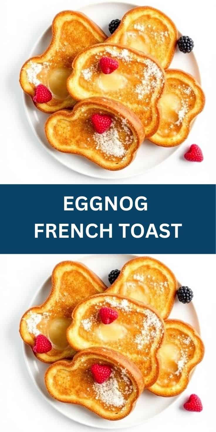 Eggnog French toast shaped like teddy bears, dusted with powdered sugar, topped with raspberries and blackberries on white...