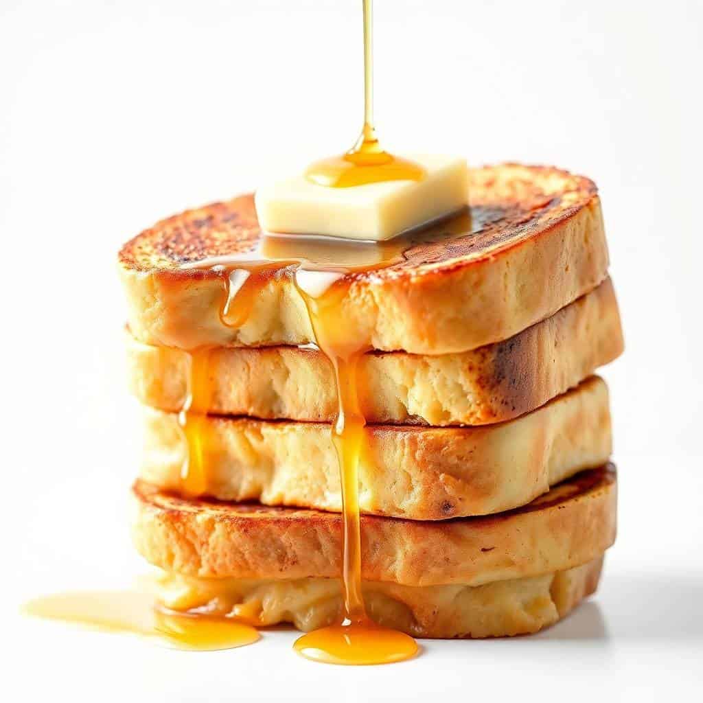 Stacked eggnog French toast with butter and maple syrup drizzling over golden-brown slices.