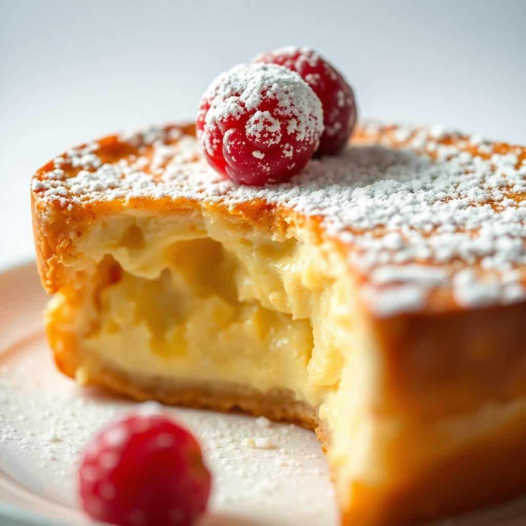 Powdered sugar-dusted cake slice with creamy interior, garnished with fresh raspberries on white plate.