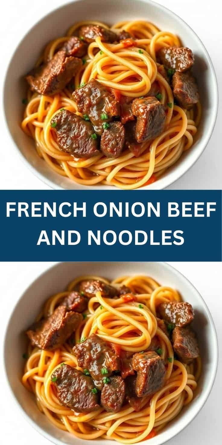 French onion beef and noodles in white bowls with caramelized beef pieces, golden noodles, and green garnish.