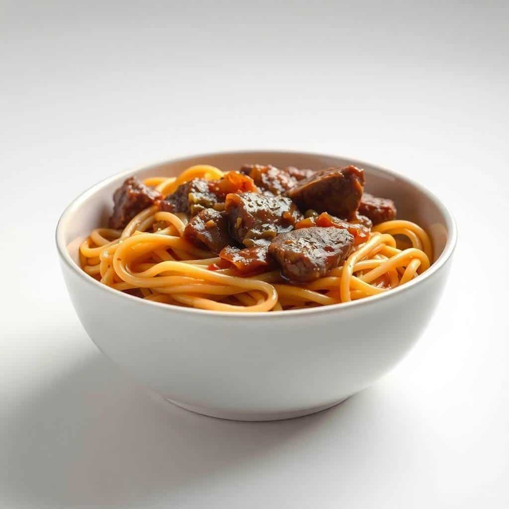 Bowl of beef and noodles in rich brown sauce garnished with parmesan cheese, white ceramic bowl.