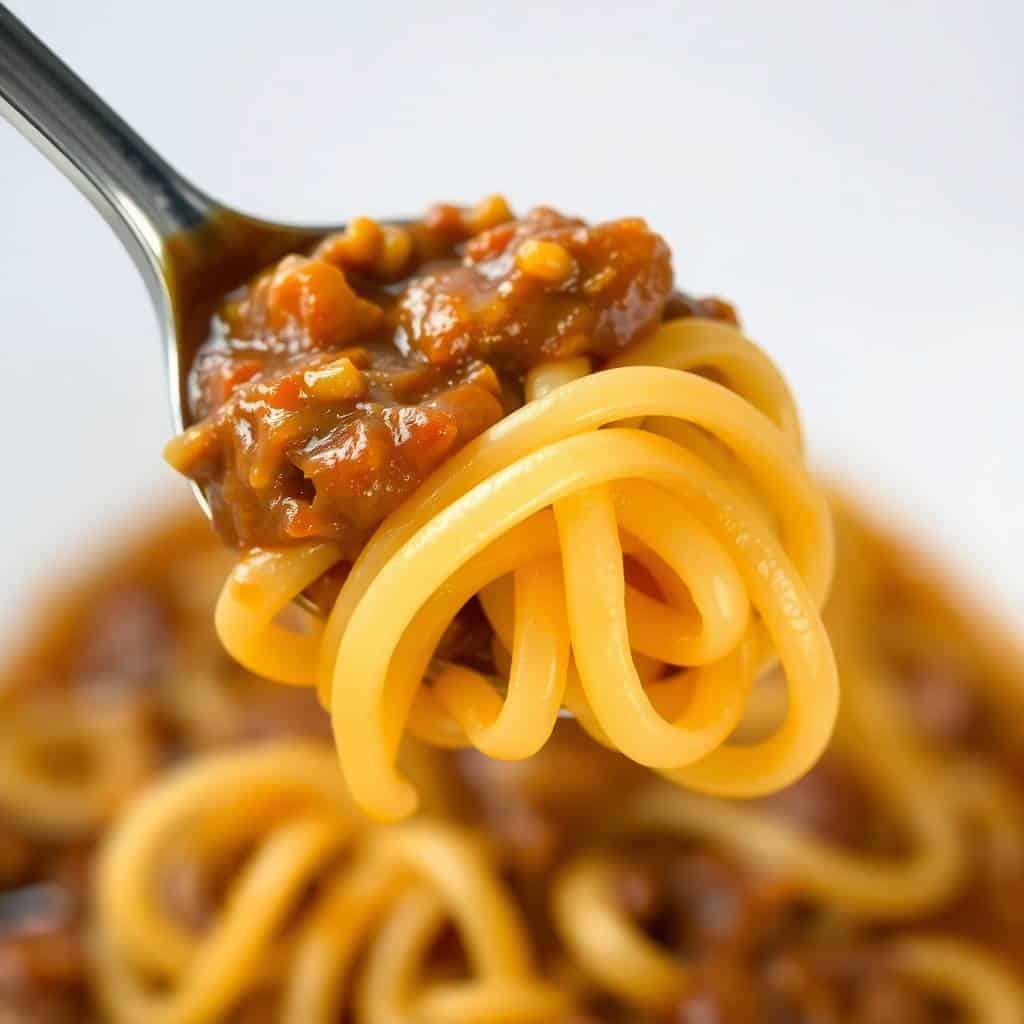 Fork twirling golden noodles coated with rich brown French onion beef sauce.