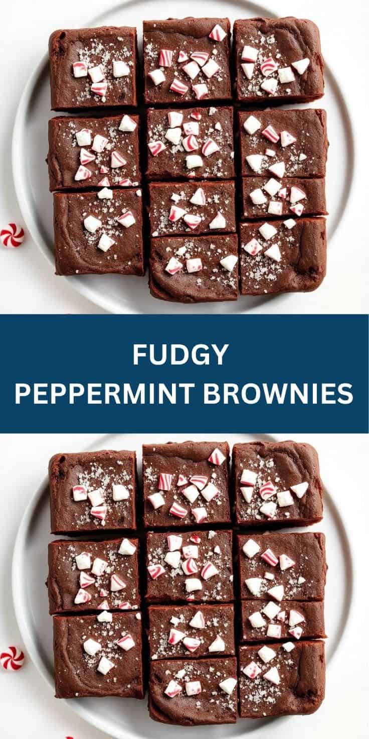 Fudgy peppermint brownies cut into squares, topped with crushed candy canes and powdered sugar on white plate.