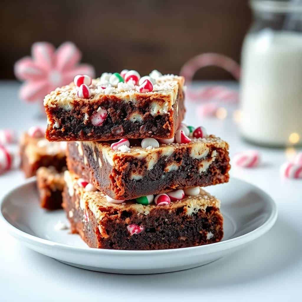 Three stacked fudgy peppermint brownies on white plate with candy garnish and milk.