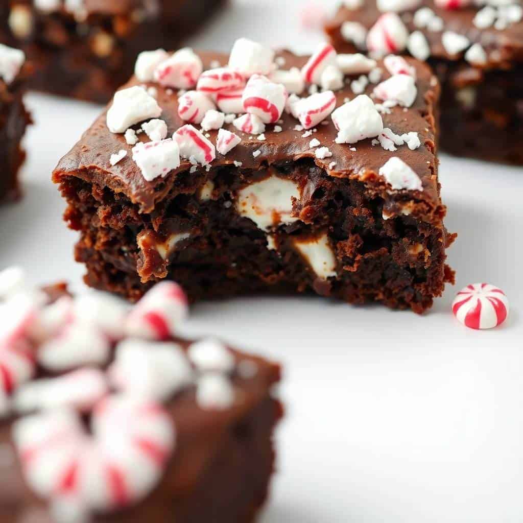 Fudgy peppermint brownies with chocolate frosting topped with crushed candy canes and white pearls.