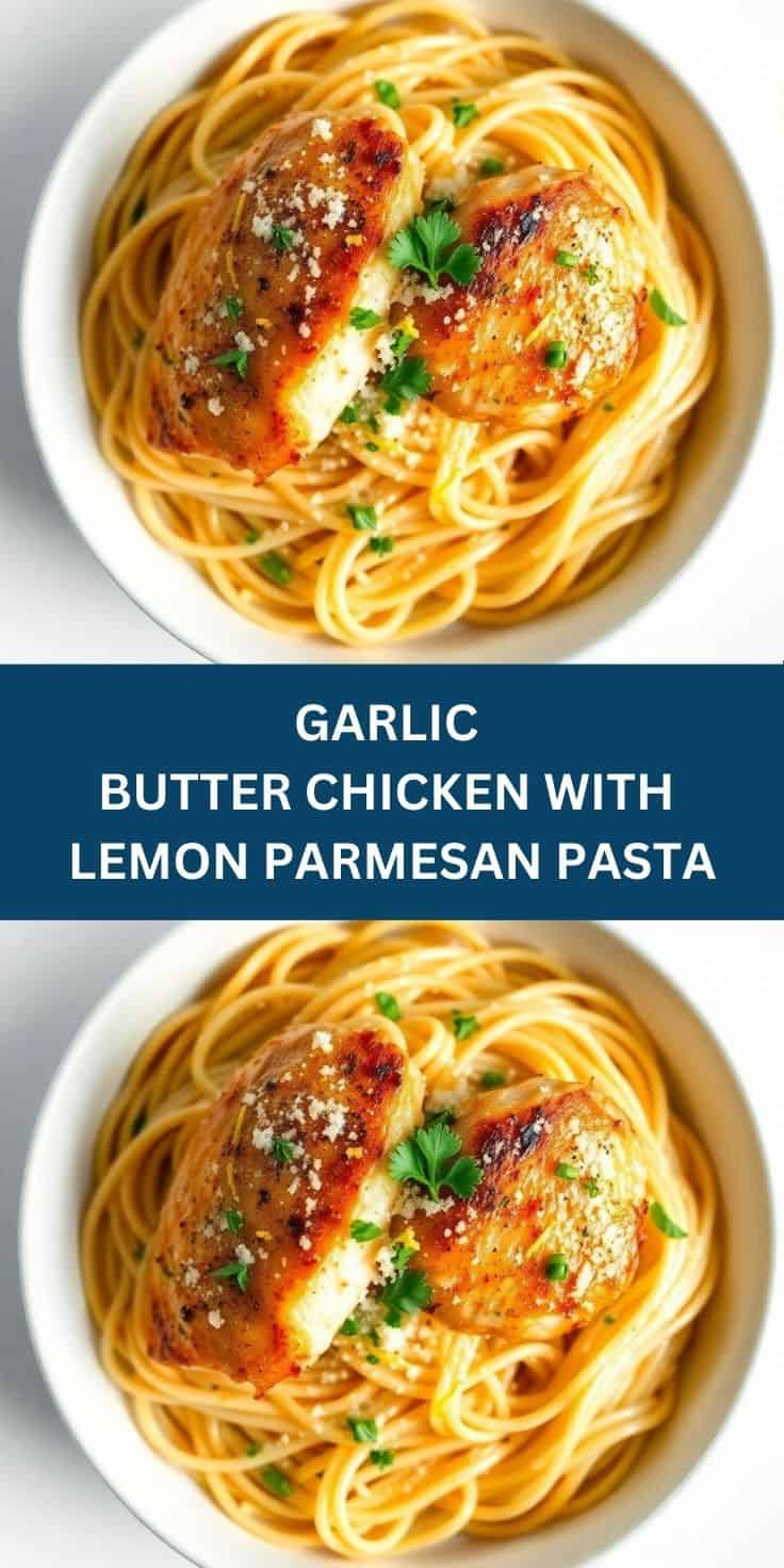Garlic butter chicken with lemon parmesan pasta served in white bowl, garnished with parsley.