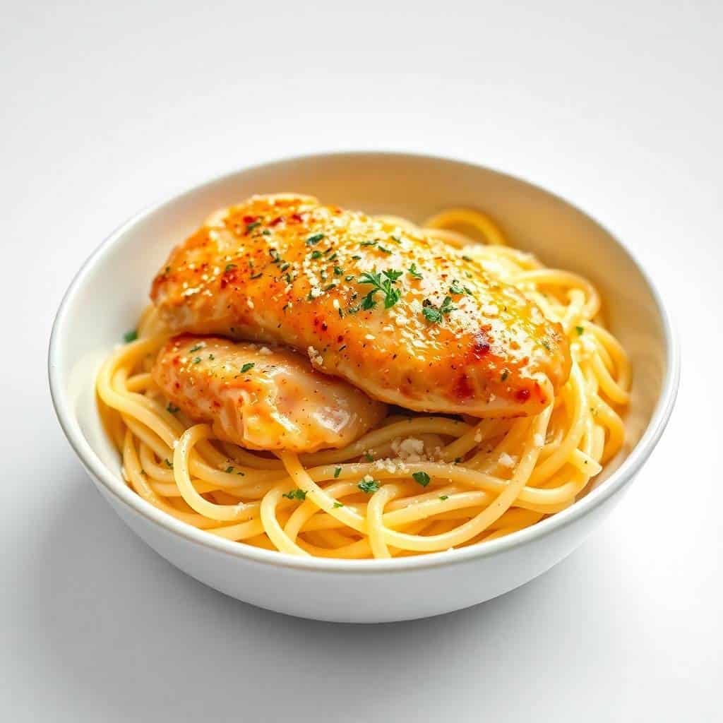 Garlic butter chicken with lemon parmesan pasta in white bowl, topped with fresh herbs and cracked pepper.