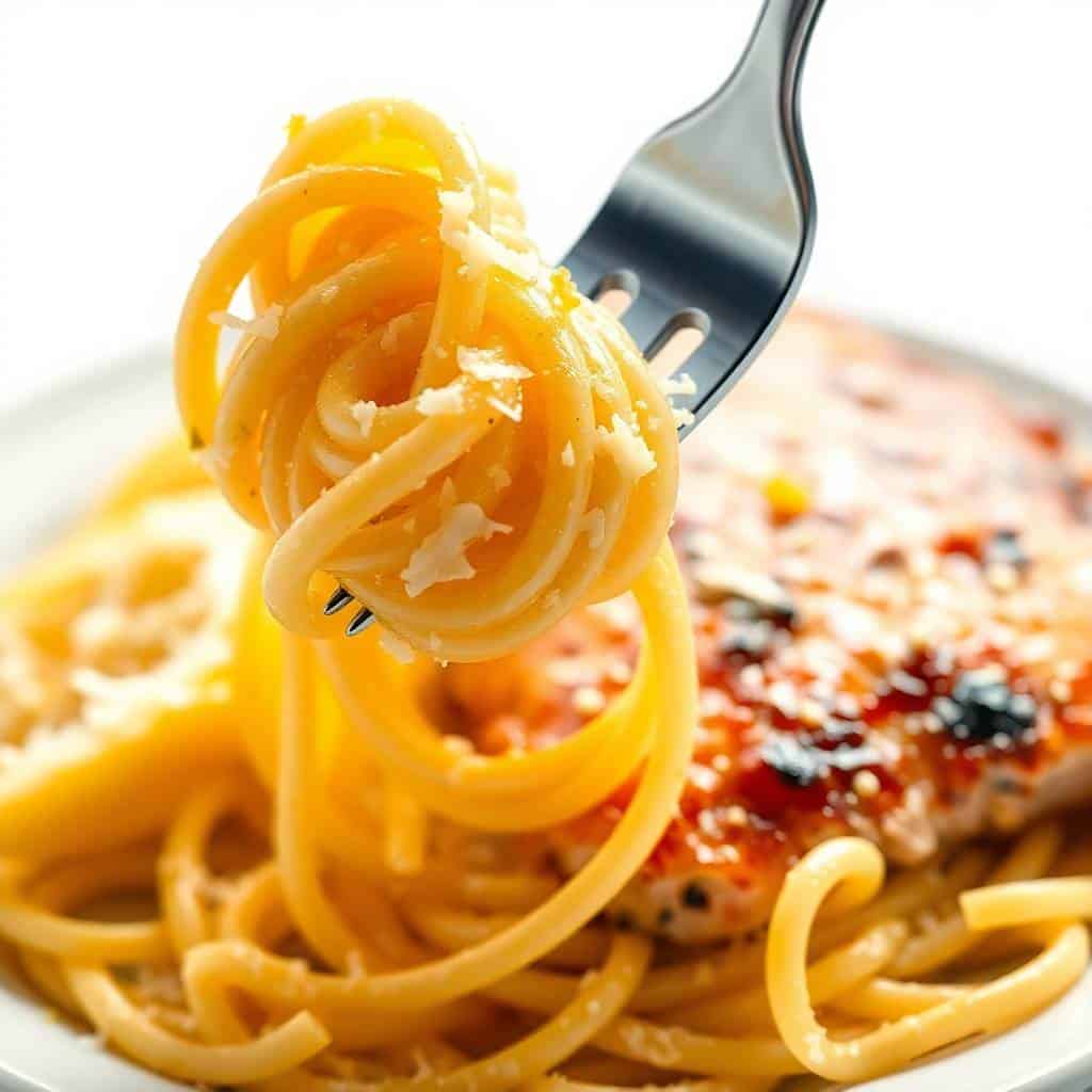 Fork twirling golden lemon parmesan pasta with garlic butter chicken and herbs on white plate.