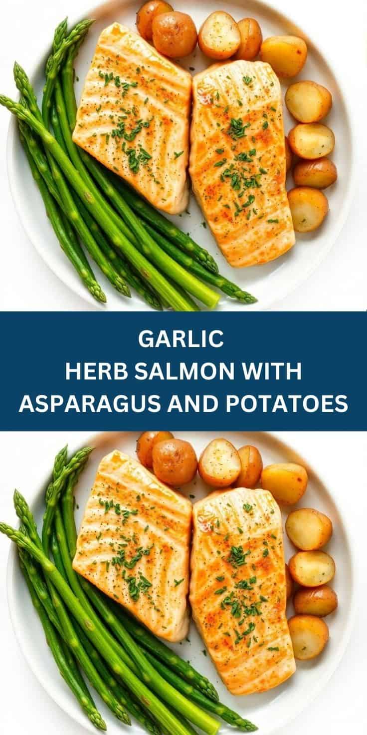 Garlic herb salmon fillets with roasted potatoes and asparagus on white plate, garnished with fresh herbs.