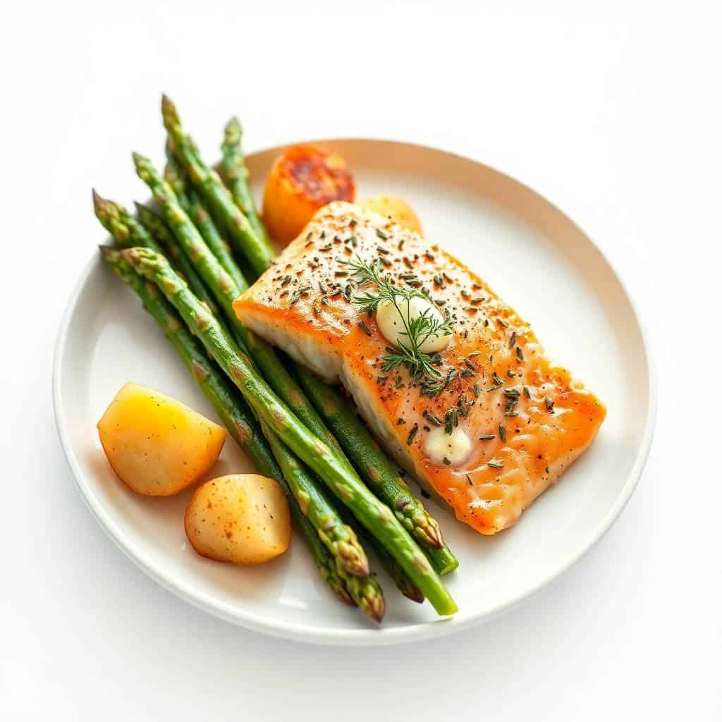 Garlic herb salmon fillet with fresh asparagus, roasted potatoes, and tomato on white plate.