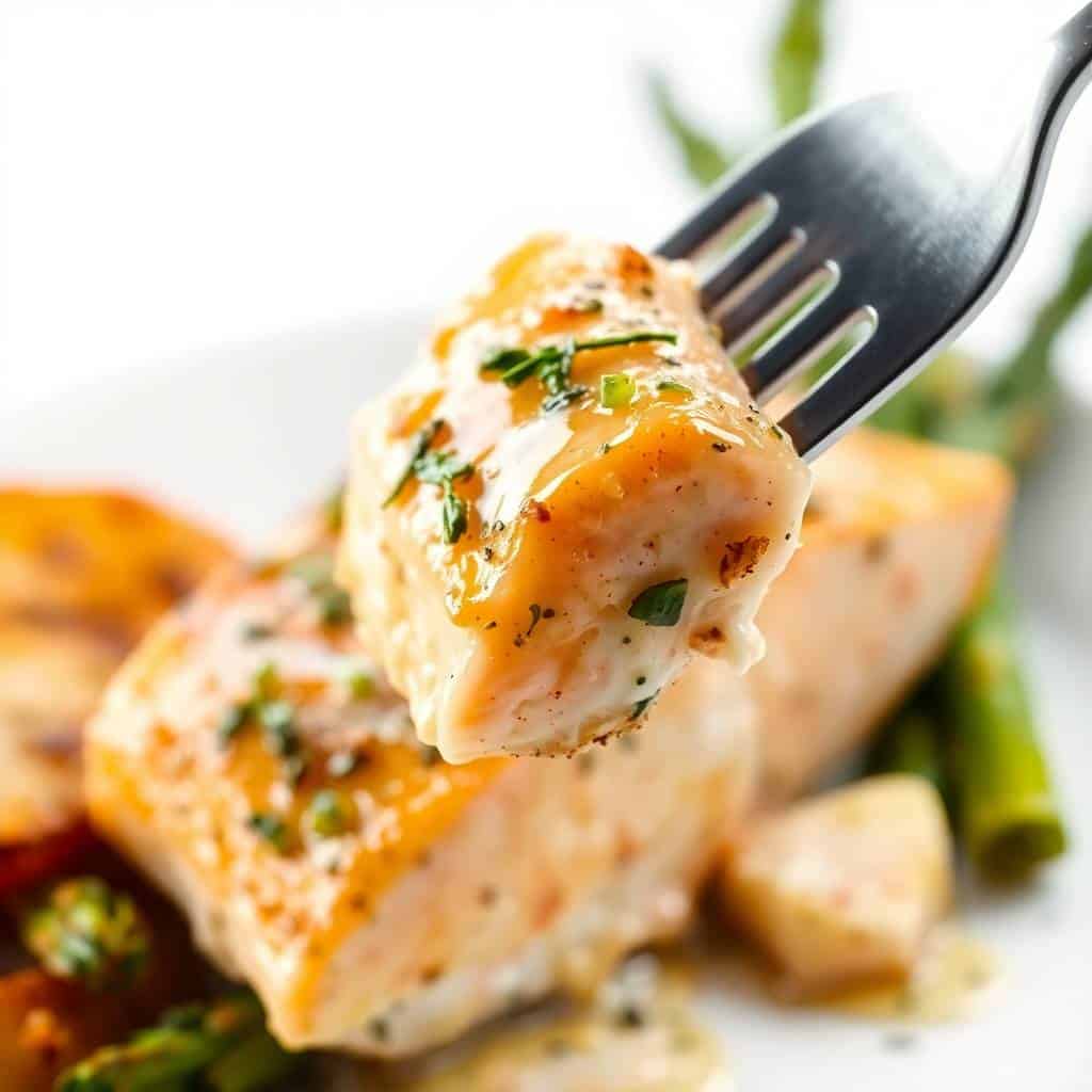 Fork holding a piece of golden garlic herb salmon with fresh green garnish over roasted potatoes and asparagus.