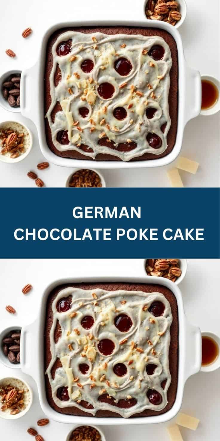 German chocolate poke cake in white baking dish with caramel filling, frosting swirls, and toasted pecans.