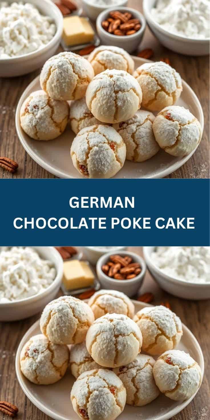 Buttery pecan snowball cookies dusted with powdered sugar on white plate with ingredients in bowls.