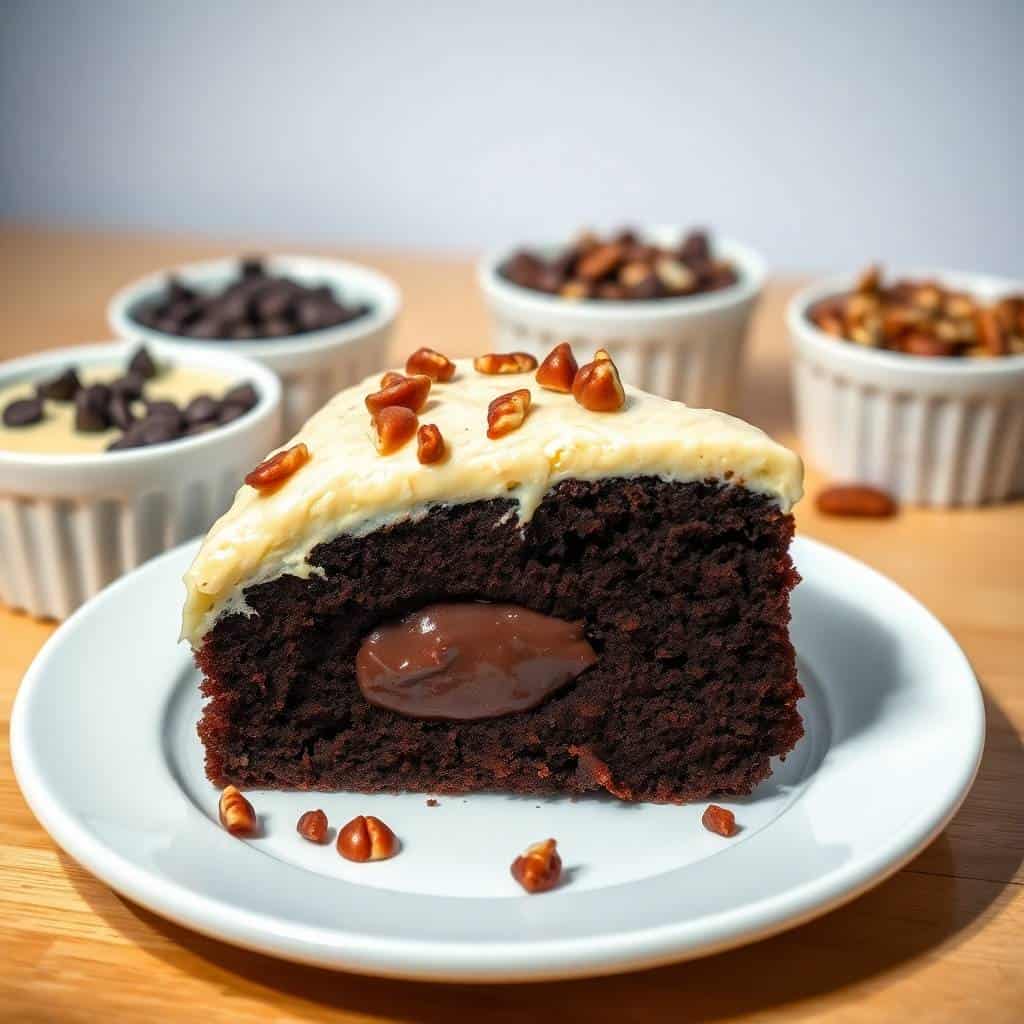 German chocolate poke cake slice with cream frosting, chocolate filling, and pecan garnish on white plate.