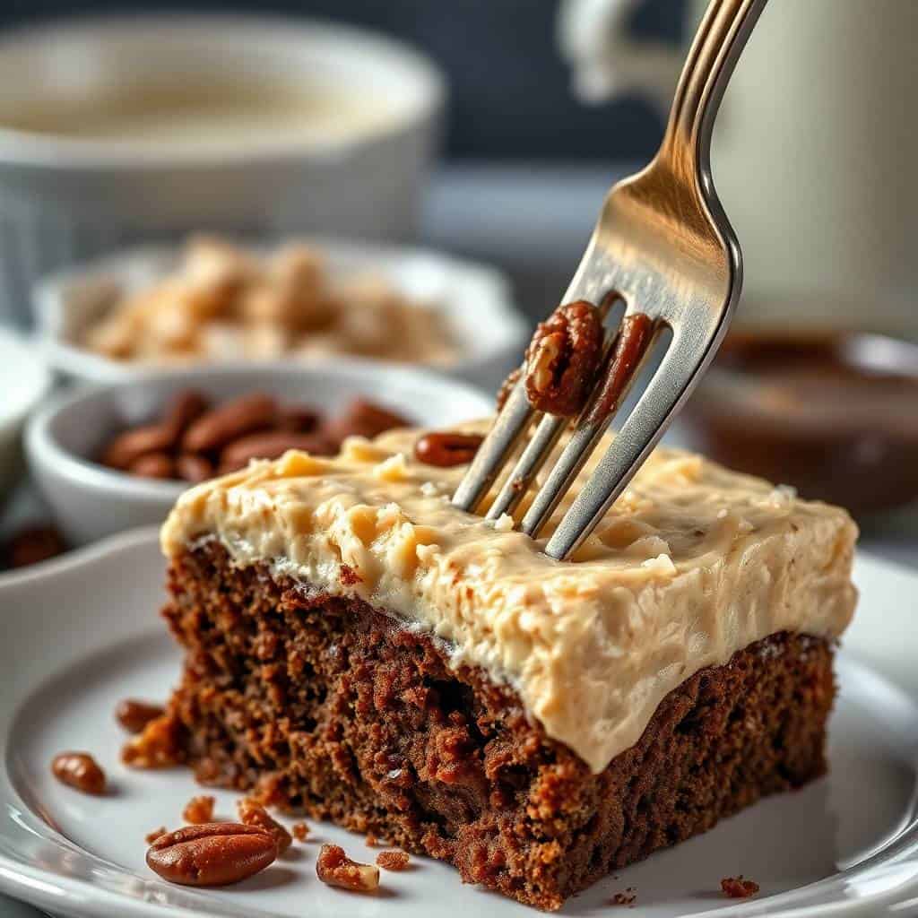 Fork cutting into German chocolate poke cake with caramel frosting and pecan garnish on white plate.