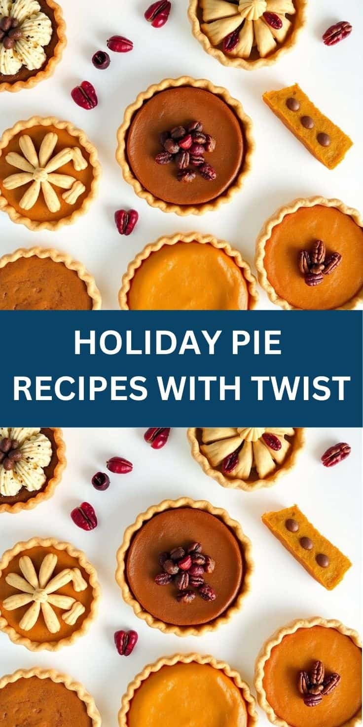 Assorted holiday pies with golden crusts, decorated with pecans, pears, and apples on white background.