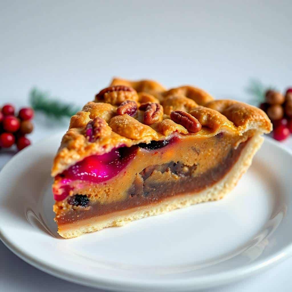 Slice of pecan and berry pie with golden crust and crimson filling, garnished with nuts on white plate.