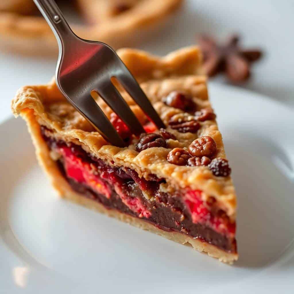 Slice of berry pie with pecan topping on white plate, fork lifting piece, revealing red fruit filling.