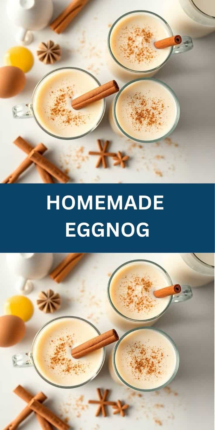 Three glasses of creamy homemade eggnog garnished with cinnamon and cinnamon sticks, surrounded by spices and eggs.