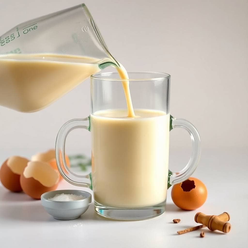 Homemade eggnog being poured into a glass mug with eggs, sugar, and wooden nutmeg grater nearby.