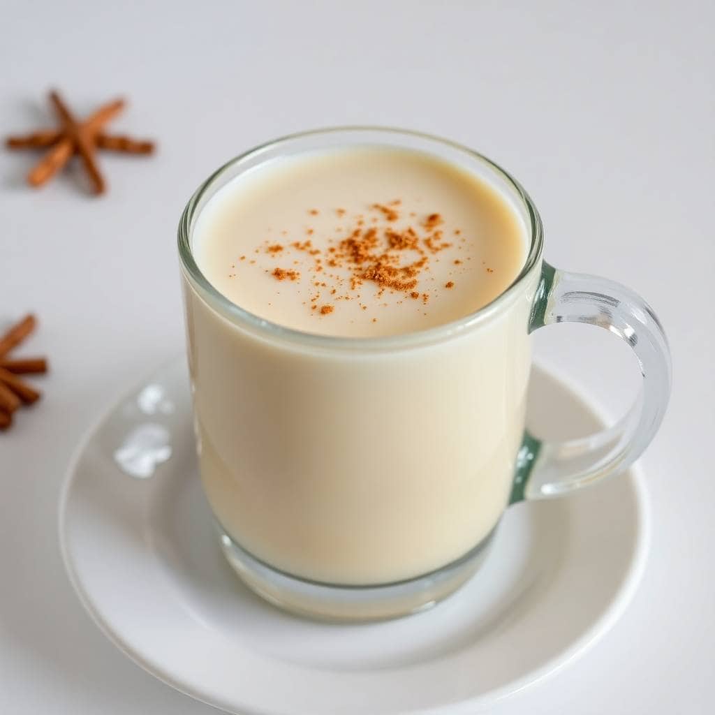 Creamy homemade eggnog in glass mug with cinnamon sprinkle, served on white saucer with star anise.