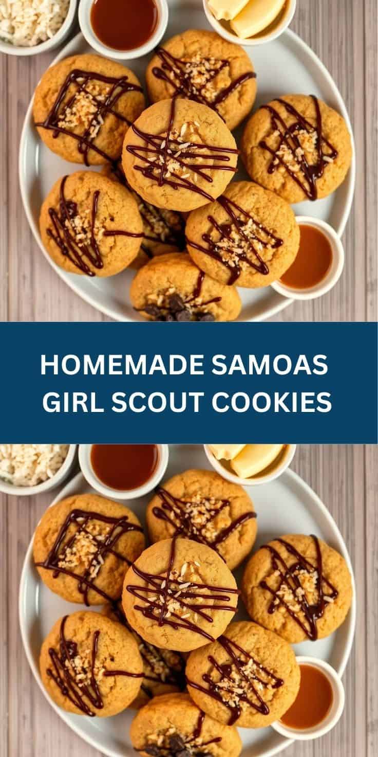 Homemade Samoas Girl Scout cookies arranged on white plate with chocolate drizzle and coconut topping.