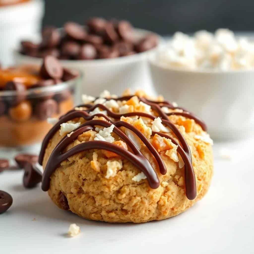 Homemade Samoas cookies with chocolate drizzle and toasted coconut flakes on white surface.